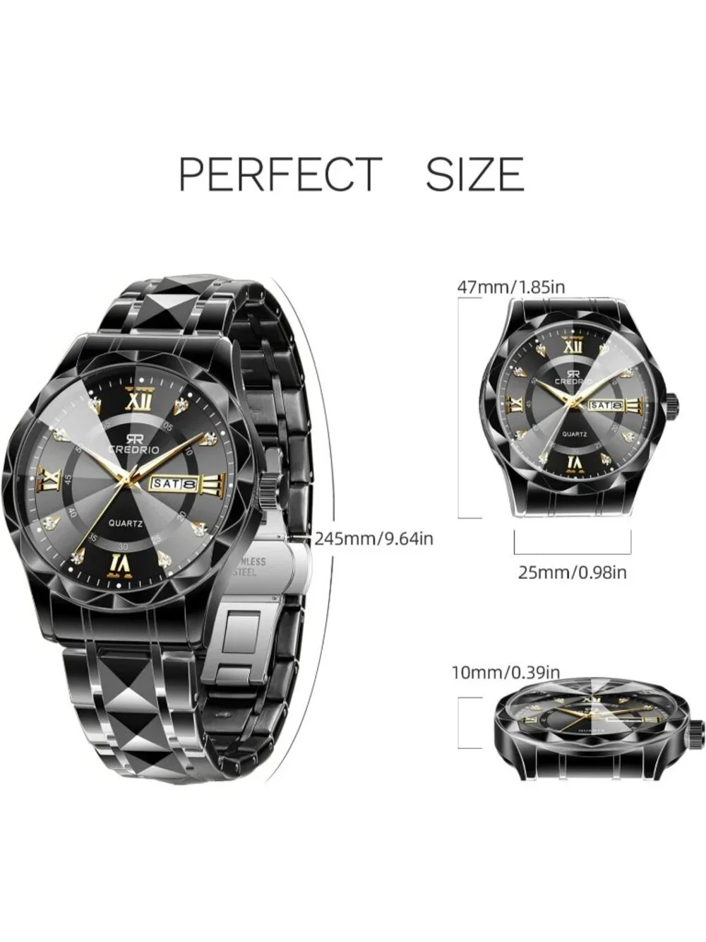 Mens Black Stainless Steel Waterproof Diamond Analog Quartz Luminous Wrist Watch